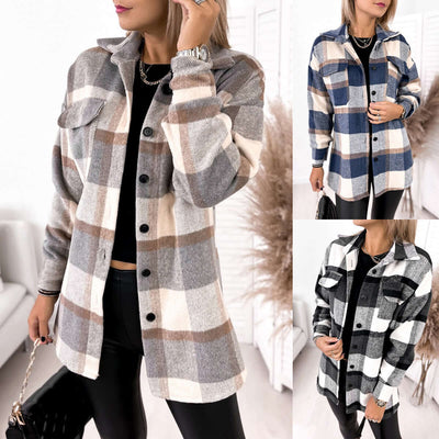Long-sleeved Single-breasted Plaid Print Shirt Collar Woolen Jacket eprolo
