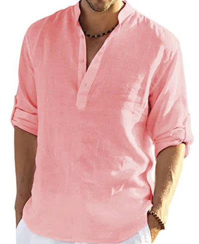 Men's Casual Cotton Linen Solid Color Long Sleeve Shirt Loose Stand Collar Astrazona