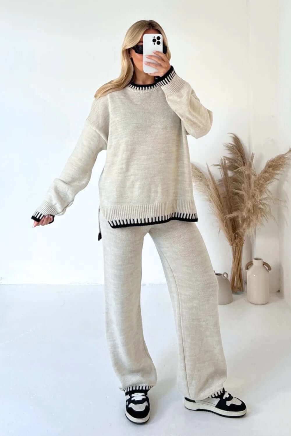 Women's Suit Fashion Pullover Split Long-sleeved Top And Loose Straight Pants Solid Color Two-piece Set eprolo