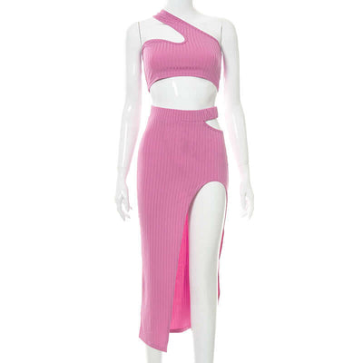 Summer Fashion Temperament Slim Fit Sexy Spicy Girl Outfit Solid Color Slit Thread Skirt Set eprolo