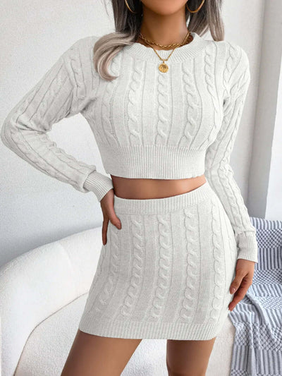 Cable-Knit Round Neck Top and Skirt Sweater Set eprolo