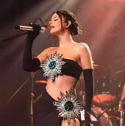 Shiny Rhinestone Tube Top High Slit Skirt Bandage Suit Dropshipman
