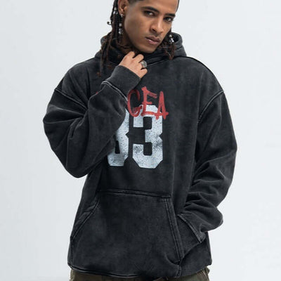 New retro hooded fleece-lined sweater in washed black with letters, perfect for casual wear.