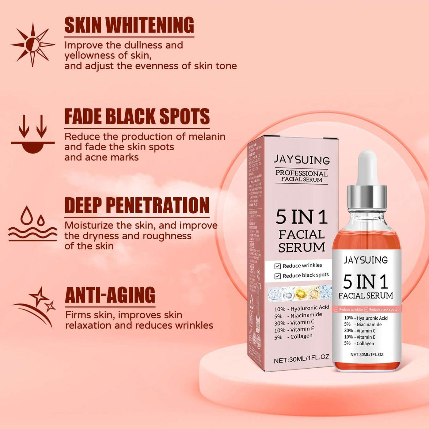 5 In 1 Facial Serum,30 Vitamin C Face Serum,Anti Aging Reduces Wrinkles Hydrating Collagen Facial Serum With Niacinamide,,Hyaluronic Acid, Vitamin E eprolo