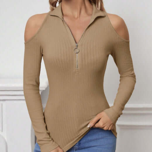 Women's Solid Color Long Sleeved Off Shoulder Zipper Design Slim Fit Home Clothing Top eprolo
