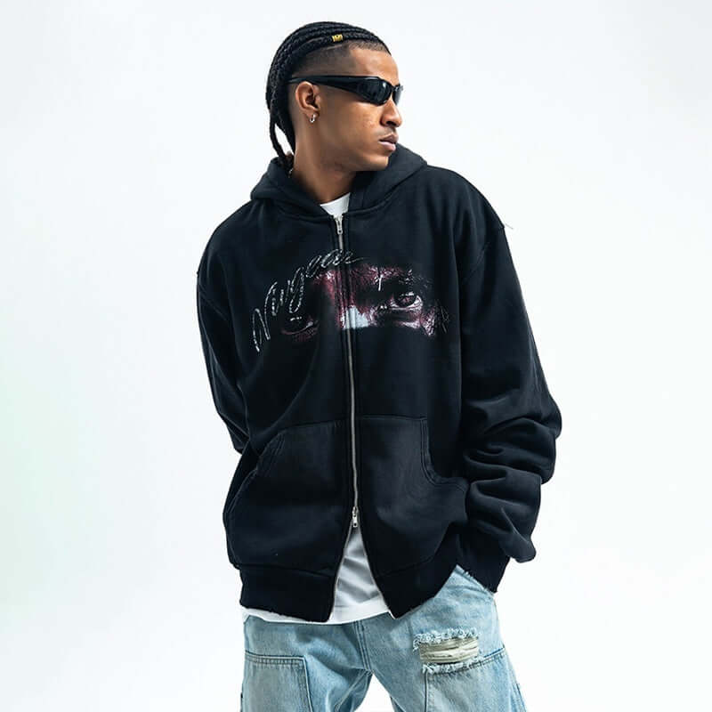 Washed Printed Hoodie Spray Paint Fleece-lined Double Zipper Coat eprolo