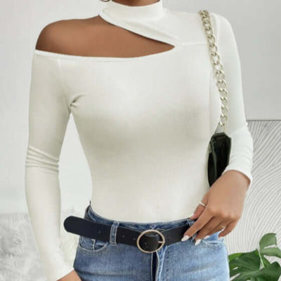 Ladies' Solid Color Elegant High Neck Sloping Shoulder Off The Shoulder Sexy T-shirt Top eprolo