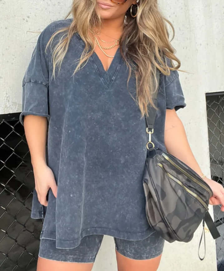 Women's V-Neck Denim-like Short-sleeved T-shirt Casual Shorts Suit eprolo