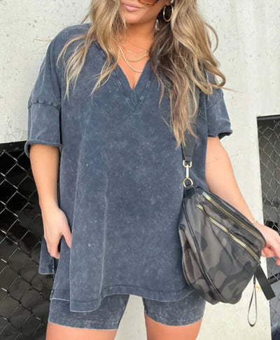 Women's V-Neck Denim-like Short-sleeved T-shirt Casual Shorts Suit eprolo
