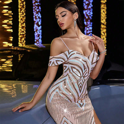 Elegant Sequined Slim Off-the-shoulder Strap Party Dress Dropshipman