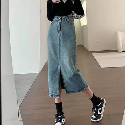 High Waist Slit Denim Skirt For Women A-line Slimming Hip-covering Design Mid-length Skirt eprolo