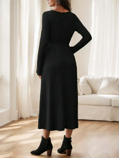 Women's Fall Solid Color Casual Long Sleeve Midi Dress With Belt Decoration eprolo