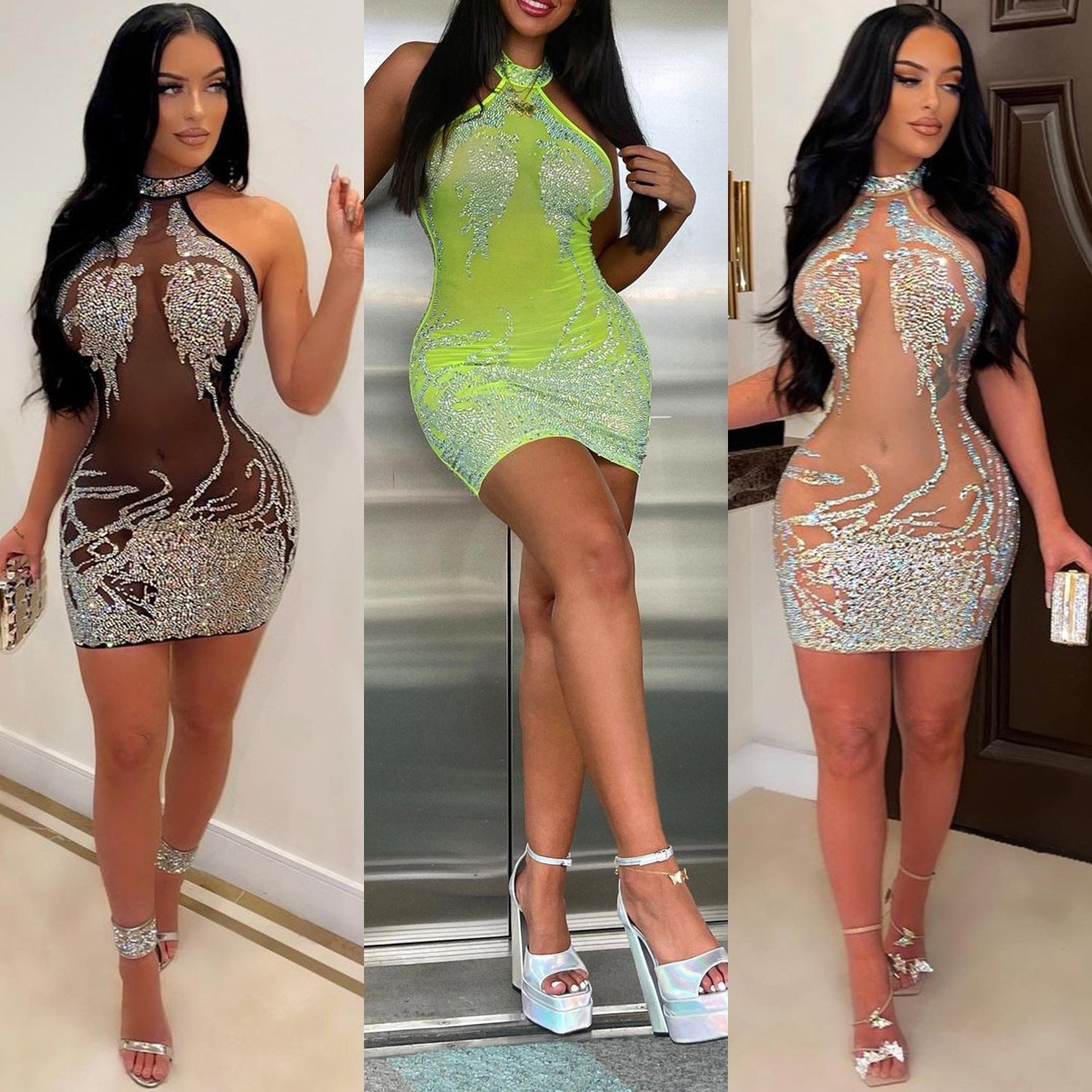 Women's Tight-fitting Mesh Hot Drill Dress eprolo