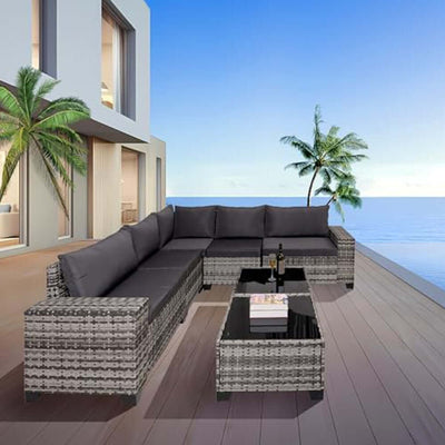 7-Piece Outdoor Patio Furniture Sets, All-Weather Wicker Rattan Sectional Sofa, Modern Two Glass Coffee Table And Washable Seat Cushion eprolo