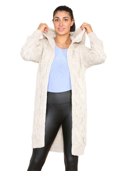 Knitted Cables Hooded Long Over Sized Cardigan eprolo