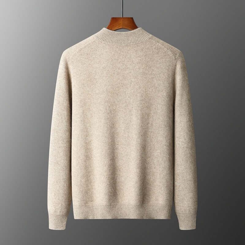 Back view of a beige wool cardigan with a stand collar, ideal for spring and autumn wear.