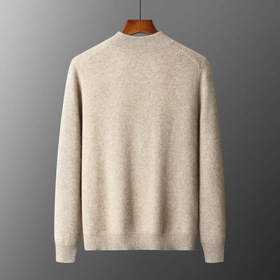 Back view of a beige wool cardigan with a stand collar, ideal for spring and autumn wear.
