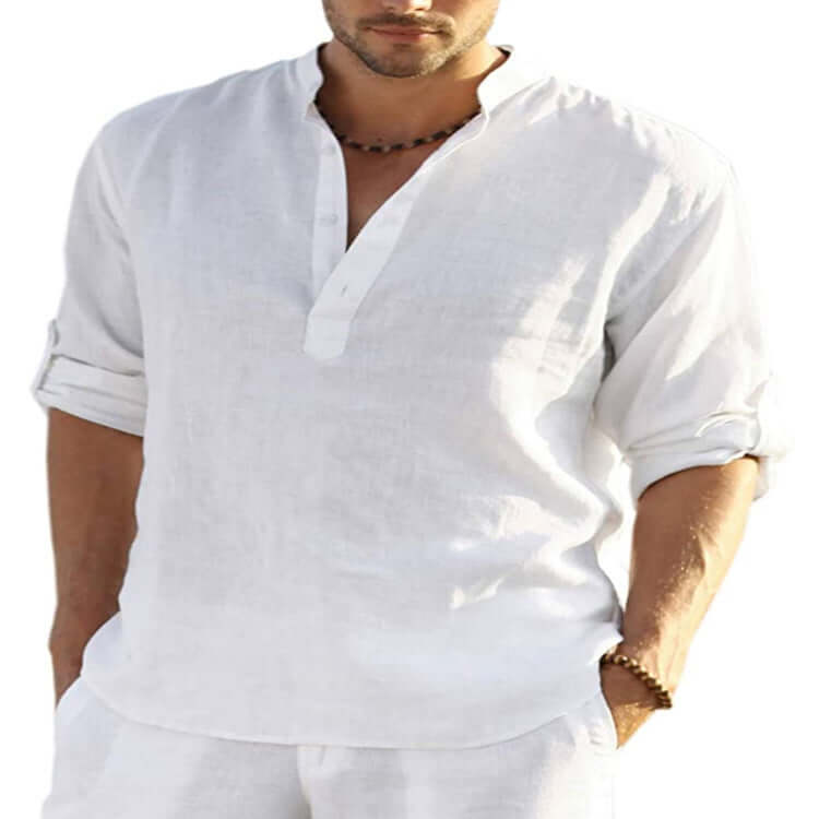 Men's Casual Cotton Linen Solid Color Long Sleeve Shirt Loose Stand Collar Astrazona