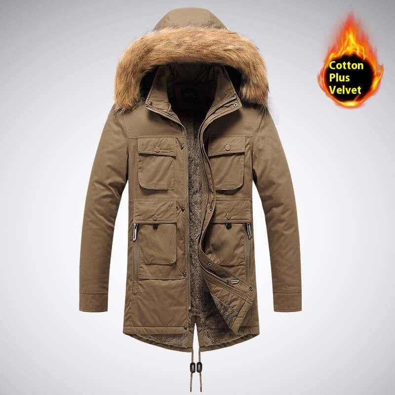 Men's camel thermal coat with fur hood, multiple pockets, perfect for autumn and winter sports.