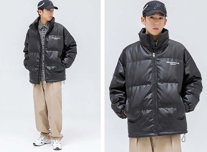 Stylish black stand-up collar jacket for men, paired with casual attire, perfect for cold weather.