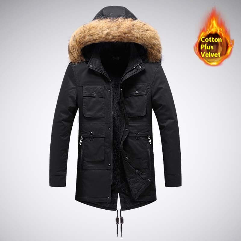 Men's black thermal jacket with fur hood, featuring multiple pockets and cotton-velvet material. Perfect for autumn and winter wear.