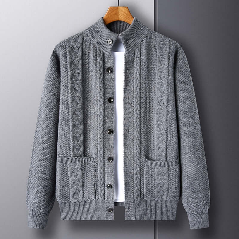Stylish gray single-breasted cardigan sweater with pockets for men, featuring a unique jacquard design and comfortable fit.