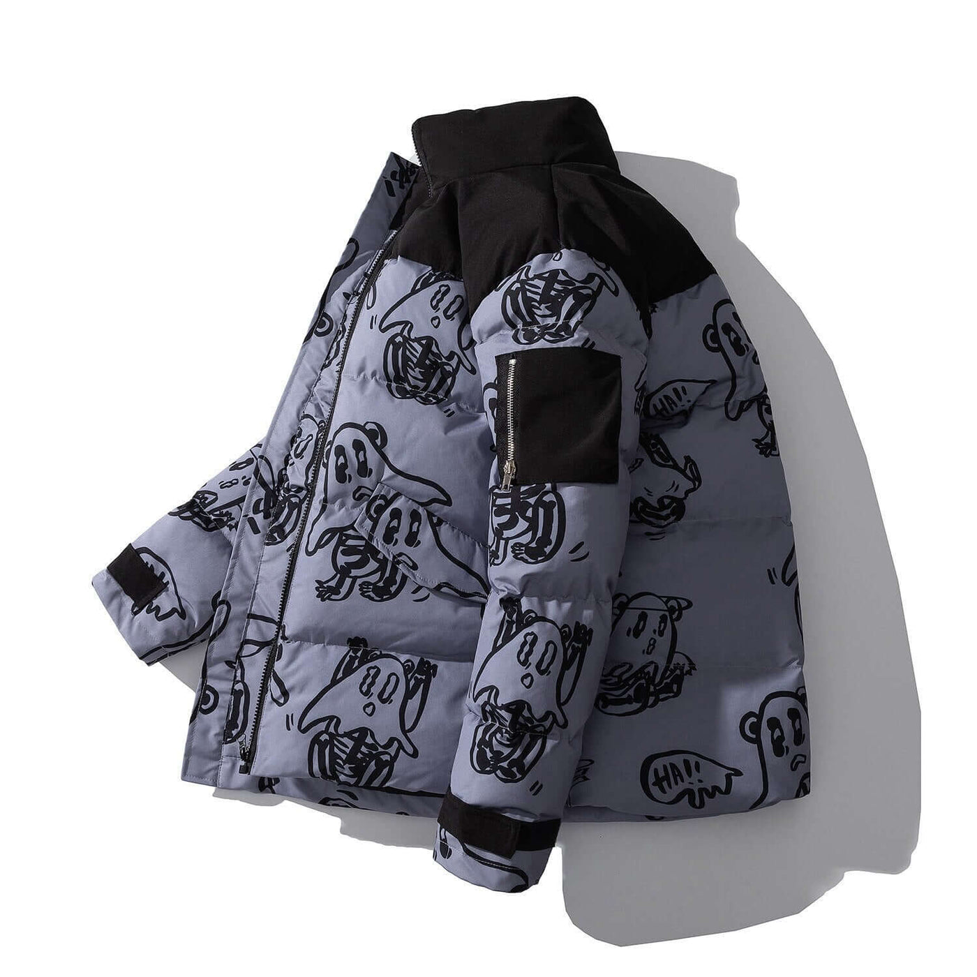 Korean style loose winter jacket for men, featuring playful cartoon graphics in blue and black.