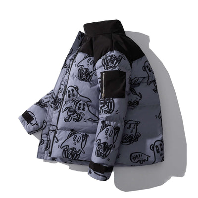 Korean style loose winter jacket for men, featuring playful cartoon graphics in blue and black.