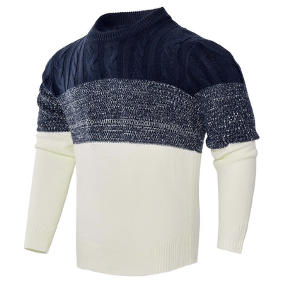 Men's long-sleeved knitted pullover sweater in navy and white, perfect for fall and winter fashion.