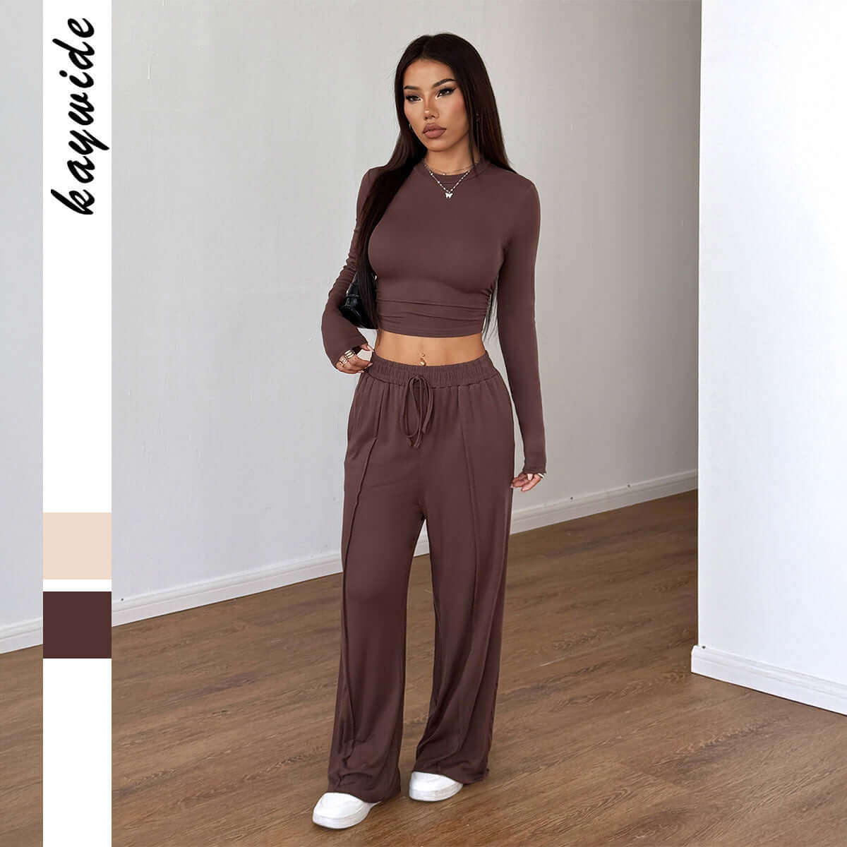 Sports style high elasticity long sleeved wide leg pants set eprolo