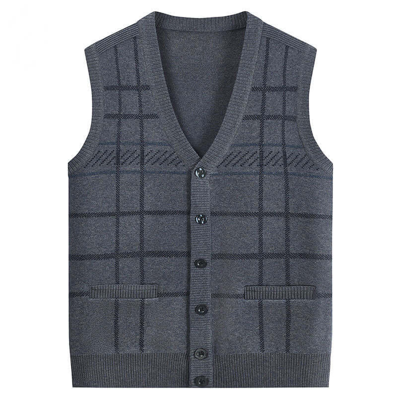 Gray knitted cardigan vest for men, featuring a plaid pattern and button front, perfect for elderly wear.