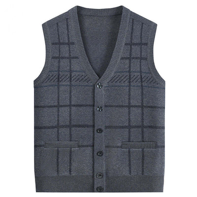 Gray knitted cardigan vest for men, featuring a plaid pattern and button front, perfect for elderly wear.