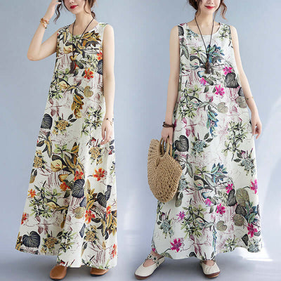 Printed Cotton Linen Round Neck Sleeveless Dress Women's eprolo