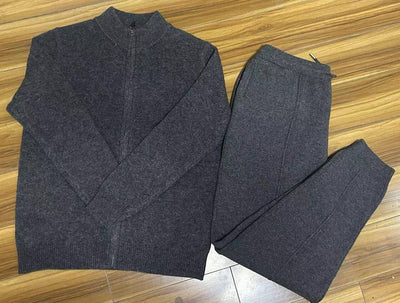 Men's dark gray wool cardigan and matching pants set, perfect for spring and autumn wear.