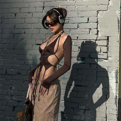French Hot Girl Style Sexy Hollow Drawstring Halter Neck eprolo