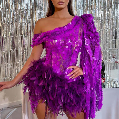 Purple one-shoulder short dress with sequins and feather details