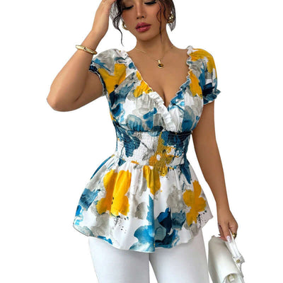 Multicolor tie-dye deep V-neck shirt with floral design, short sleeves, and slim fit for women.