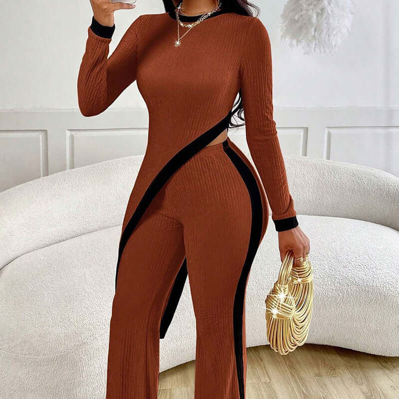 Women's 2 Piece Outfit Sexy Asymmetrical Hem Long Sleeve Top And Wide Leg Pants Sets Elegant Vacation Going Out Suit eprolo