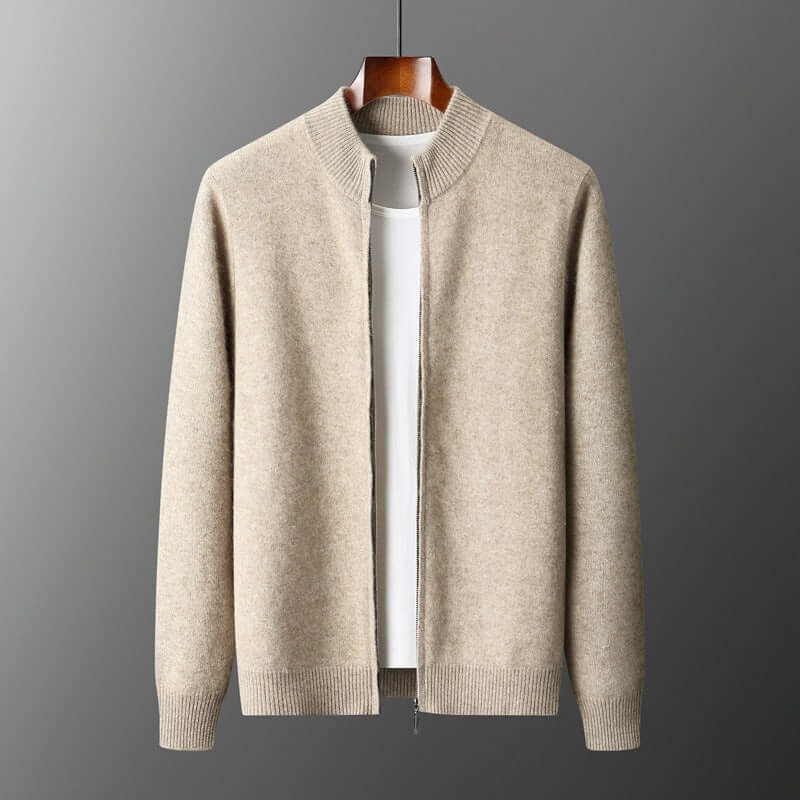 Men's camel wool cardigan with stand collar and zipper, perfect for spring and autumn casual wear.