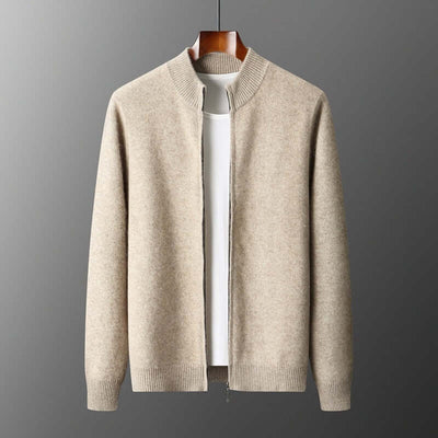 Men's camel wool cardigan with stand collar and zipper, perfect for spring and autumn casual wear.
