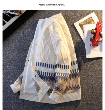 Men's casual knitwear coat in white and navy blue contrast, featuring long sleeves and loose fit.