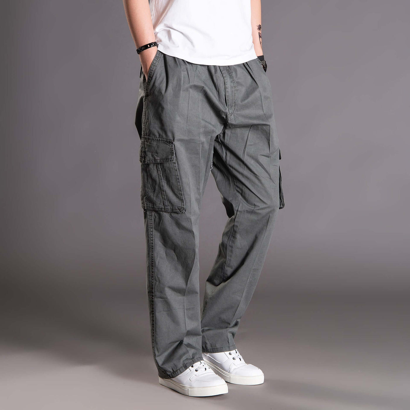 Men's Korean style loose straight leg pants with open hem and multiple pockets, perfect for casual and outdoor wear.