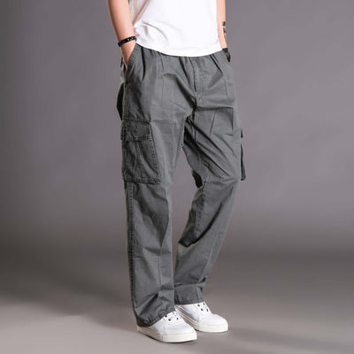 Men's Korean style loose straight leg pants with open hem and multiple pockets, perfect for casual and outdoor wear.