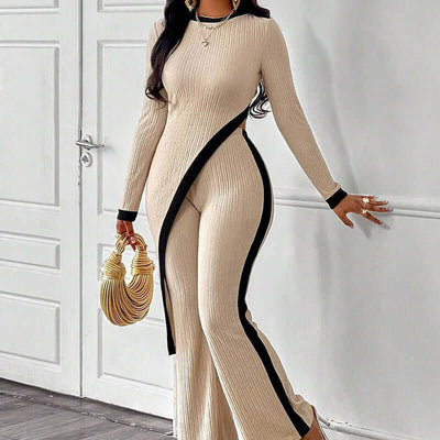 Women's 2 Piece Outfit Sexy Asymmetrical Hem Long Sleeve Top And Wide Leg Pants Sets Elegant Vacation Going Out Suit eprolo