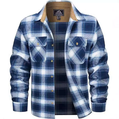 Men's navy plaid flannel shirt with button closure and two chest pockets, perfect for casual fall and winter wear.