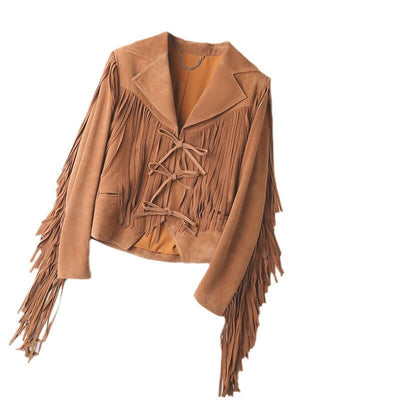 Genuine leather sheepskin suede jacket with tassel details and a lapel design in yellow brown color.