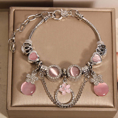 Women's Mori Style Pink Cat's Eye Cute Flowers Pendant Bracelet eprolo