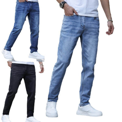 Men's stretch slim jeans in light blue, blue, and black, offering medium elasticity and mid waist style.