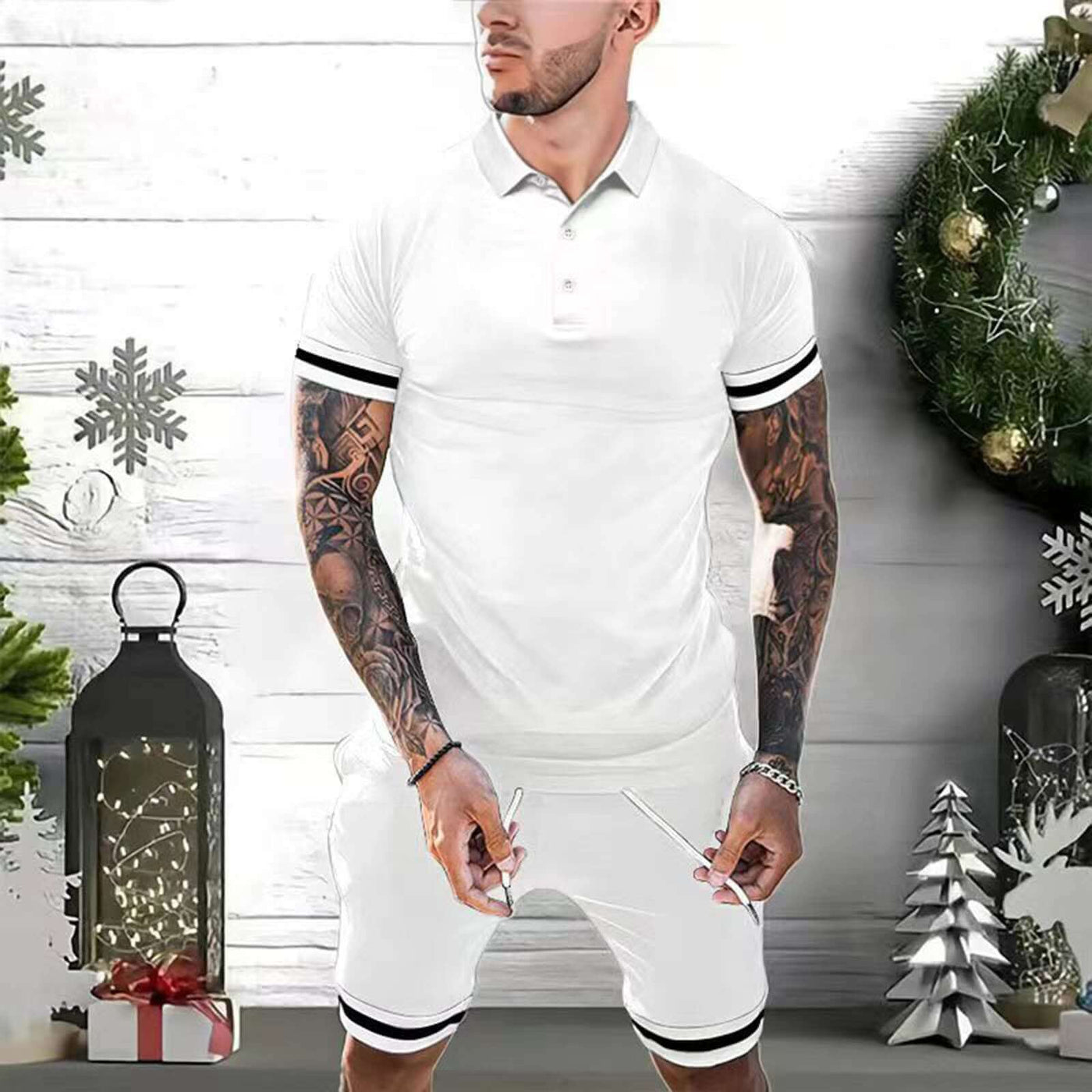 Men's white short set outfit with polo shirt and shorts, ideal for summer casual and athletic wear.