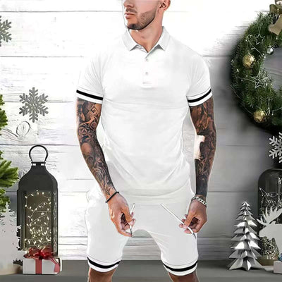 Men's white short set outfit with polo shirt and shorts, ideal for summer casual and athletic wear.